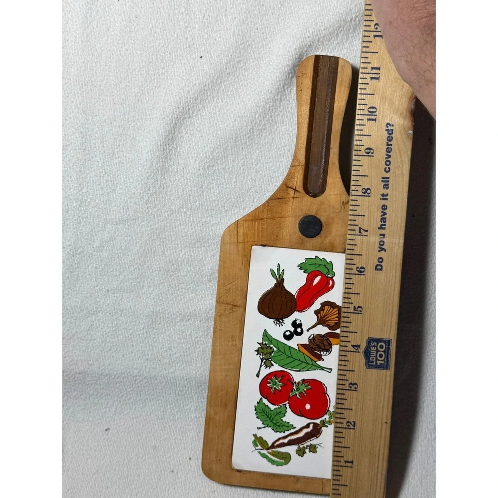 Vintage Nevco Wood Cheese Board Ceramic Tile Vegetable Inlay Japan 12.5 Inch